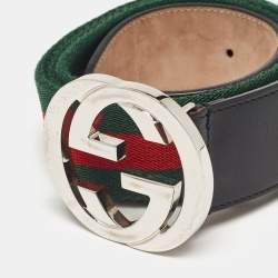 Pre Owned Gucci Black Leather and Web Canvas Interlocking G Buckle Belt 100 CM