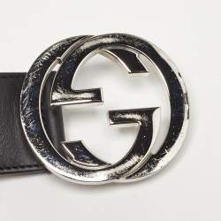 Pre Owned Gucci Black Leather and Web Canvas Interlocking G Buckle Belt 100 CM