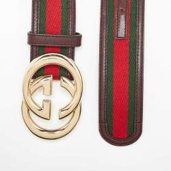 Pre Owned Gucci Brown Web Canvas and Leather Interlocking GG Buckle Belt 95CM