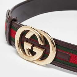 Pre Owned Gucci Brown Web Canvas and Leather Interlocking GG Buckle Belt 95CM
