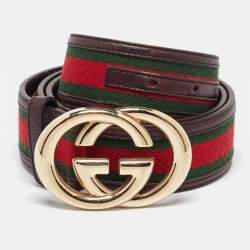 Pre Owned Gucci Brown Web Canvas and Leather Interlocking GG Buckle Belt 95CM