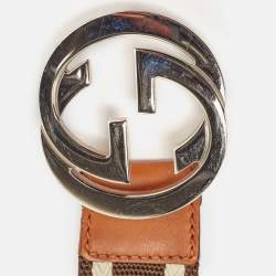 Pre Owned Gucci Brown/Beige Canvas and Leather Interlocking G Buckle Belt 105 CM