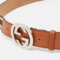 Pre Owned Gucci Brown/Beige Canvas and Leather Interlocking G Buckle Belt 105 CM