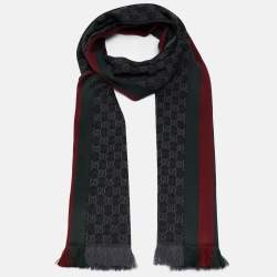 Gucci Grey Web Striped GG Jacquard Wool Scarf
