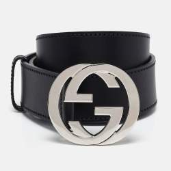 Pre Owned Gucci Black Leather Interlocking G Buckle Belt 90CM