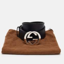 Pre Owned Gucci Black Leather Interlocking G Buckle Belt 90CM