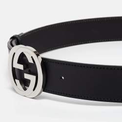 Pre Owned Gucci Black Leather Interlocking G Buckle Belt 90CM