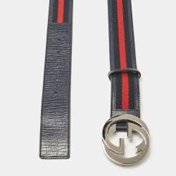 Pre Owned Gucci Navy Blue Leather and Web Canvas Interlocking G Buckle Belt 100 CM