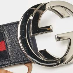 Pre Owned Gucci Navy Blue Leather and Web Canvas Interlocking G Buckle Belt 100 CM