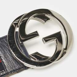 Pre Owned Gucci Navy Blue Leather and Web Canvas Interlocking G Buckle Belt 100 CM