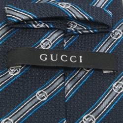 Pre Owned Gucci Navy Blue Striped Silk Blend Tie