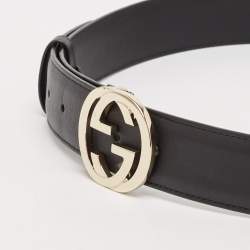 Pre Owned Gucci Black Leather Interlocking G Buckle Belt 90 CM