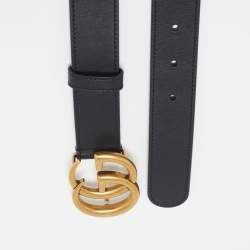 Gucci Black Leather GG Marmont Buckle Slim Belt 75 CM