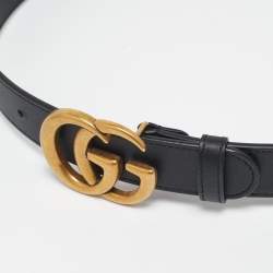 Gucci Black Leather GG Marmont Buckle Slim Belt 75 CM