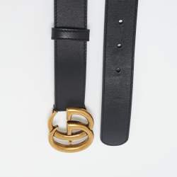 Pre Owned Gucci Black Leather GG Marmont Buckle Slim Belt 75 CM