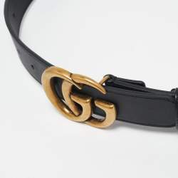 Pre Owned Gucci Black Leather GG Marmont Buckle Slim Belt 75 CM