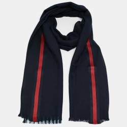 Gucci Vintage Navy Blue Striped Wool & Silk Scarf