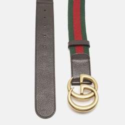 Gucci Brown Leather and Web Canvas GG Marmont Buckle Belt 85 CM