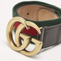 Gucci Brown Leather and Web Canvas GG Marmont Buckle Belt 85 CM