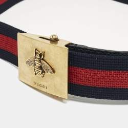 Pre Owned Gucci Red/Blue Web Canvas and Leather Bee Plague Buckle Belt 90CM