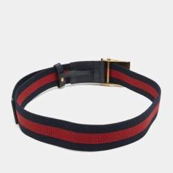 Pre Owned Gucci Red/Blue Web Canvas and Leather Bee Plague Buckle Belt 90CM