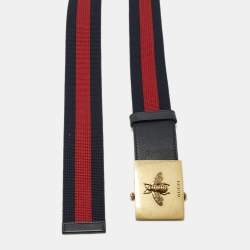 Pre Owned Gucci Red/Blue Web Canvas and Leather Bee Plague Buckle Belt 90CM