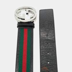 Pre Owned Gucci Black Leather and Web Canvas Interlocking G Buckle Belt 95 CM