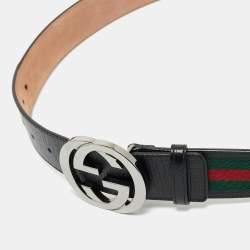 Pre Owned Gucci Black Leather and Web Canvas Interlocking G Buckle Belt 95 CM
