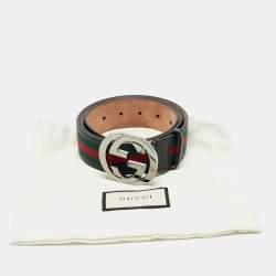Pre Owned Gucci Black Leather and Web Canvas Interlocking G Buckle Belt 95 CM