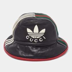 Pre Owned Gucci x Adidas Black Web Trim Leather Bucket Hat S/56 cm