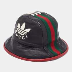 Pre Owned Gucci x Adidas Black Web Trim Leather Bucket Hat S/56 cm