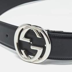 Pre Owned Gucci Black Leather Interlocking G Buckle Belt 90 CM