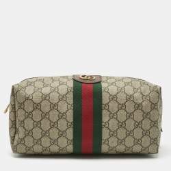 Pre Owned Gucci Beige/Brown GG Supreme Canvas and Leather Medium Savoy Toiletry Case