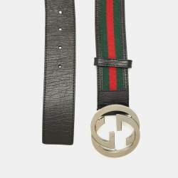 Pre Owned Gucci Black Leather and Web Canvas Interlocking G Buckle Belt 105 CM