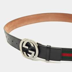 Pre Owned Gucci Black Leather and Web Canvas Interlocking G Buckle Belt 105 CM