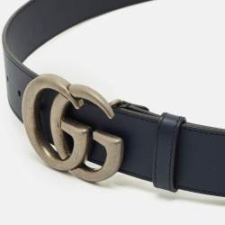 Pre Owned Gucci Blue Leather GG Marmont Buckle Belt 100 CM