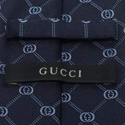 Pre Owned Gucci Navy Blue GG Interlock Pattern Silk Tie