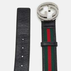 Pre Owned Gucci Black Leather and Web Canvas Interlocking G Buckle Belt 85CM