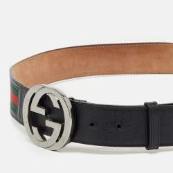 Pre Owned Gucci Black Leather and Web Canvas Interlocking G Buckle Belt 85CM