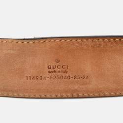 Pre Owned Gucci Black Leather and Web Canvas Interlocking G Buckle Belt 85CM