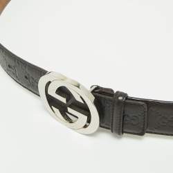 Pre Owned حزام غوتشي إبزيم حرف جي متشابك جلد غوتشيسيما أسود 90 سم