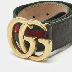 Pre Owned Gucci Red/Green Web Canvas and Leather GG Marmont Buckle Belt 70CM