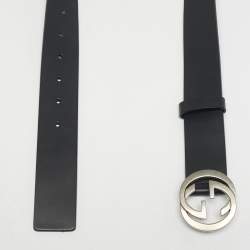 Pre Owned Gucci Black Leather Interlocking G Buckle Belt 85CM