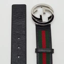 Pre Owned Gucci Black Leather and Web Interlocking G Buckle Belt 85CM