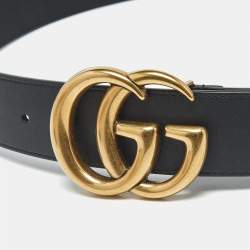 Pre Owned Gucci Black Leather GG Marmont Buckle Belt 80 CM