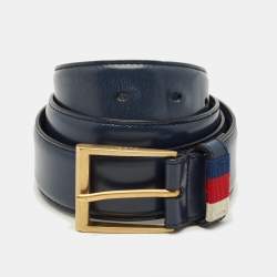 Pre Owned Gucci Navy Blue Leather Web Buckle Belt 90CM