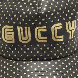 Pre Owned Gucci Black Guccy Stars Leather and Mesh Tucker Cap M