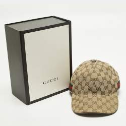 Pre Owned كاب بيسبول غوتشي كانفاس مونوغرامي بشعار الماركة بيج تفاصيل ويب مخطط مقاس متوسط - ميديوم 