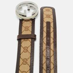 Pre Owned حزام غوتشي إنترلوكينغ جي 95 سم إبزيم بيج / بني GG كانفاس وجلد