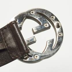 مملوكة مسبقًا حزام غوتشي جلد بني داكن بإبزيم جي متشابك 85 سم